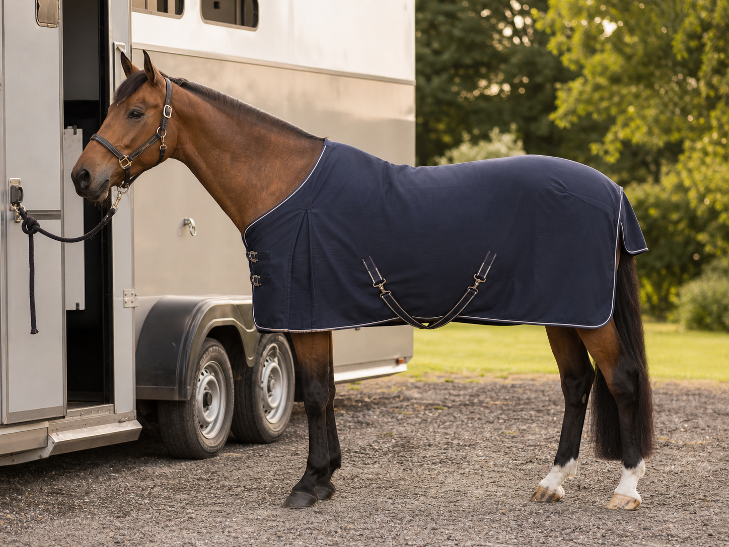 Horse wearing a travel sheet beside a trailer