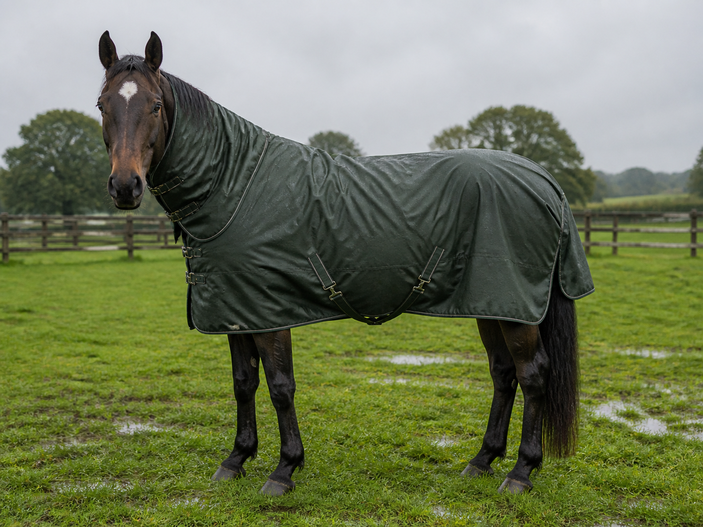Horse wearing a waterproof turnout and rain rug
