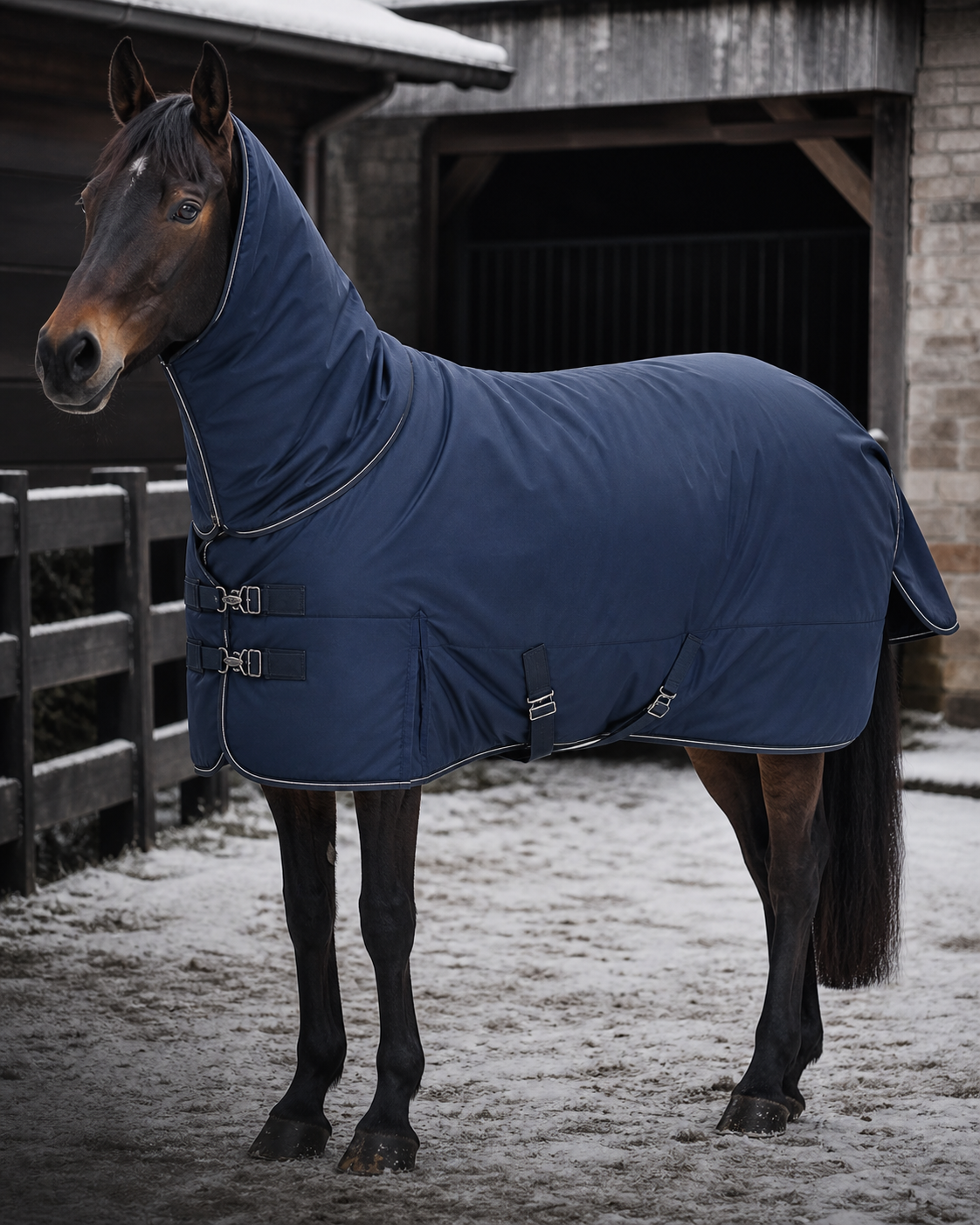 Horse wearing a full-neck winter rug outdoors