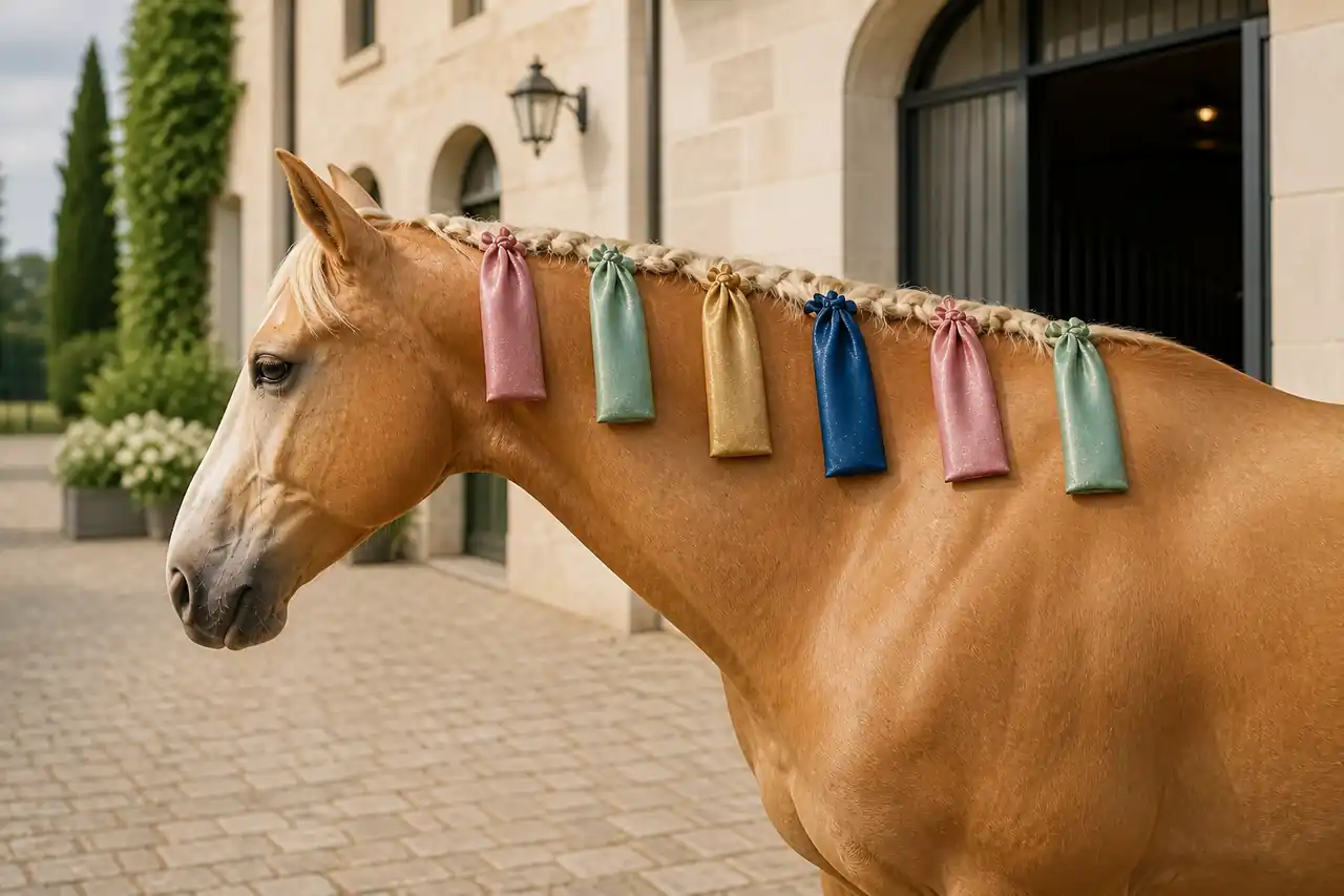 Horse wearing protective mane bags