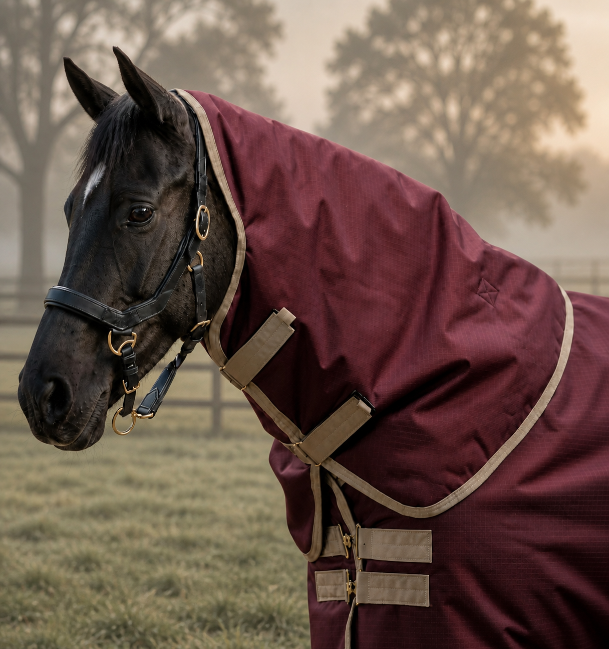 Burgundy insulated horse rug with adjustable front closures and belly straps