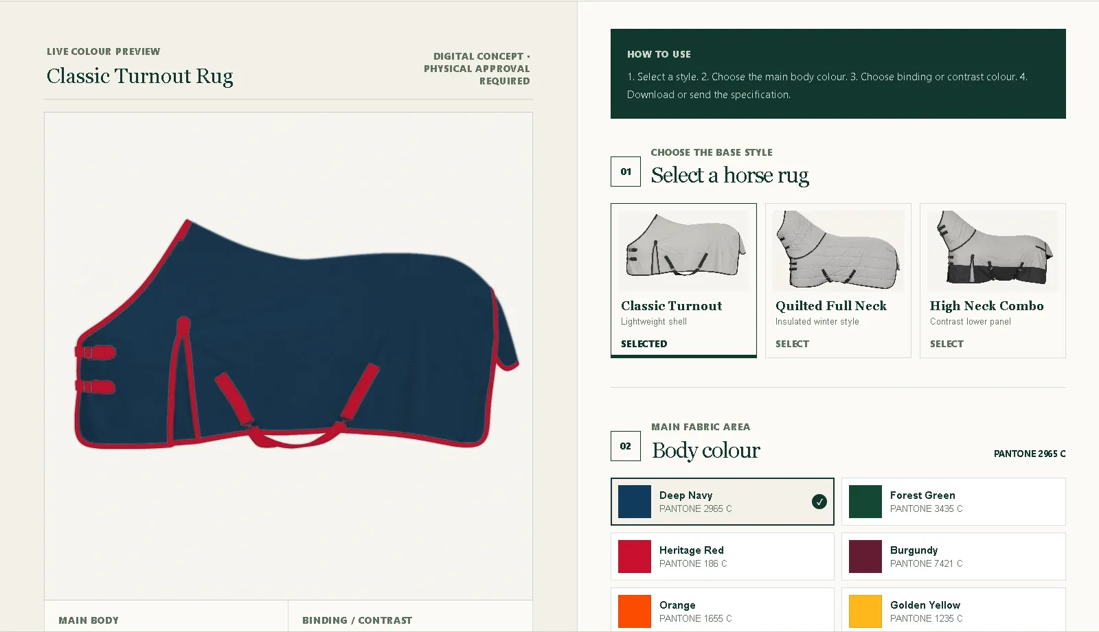 Gugoo online sample room interface showing selectable horse rug styles and body colours